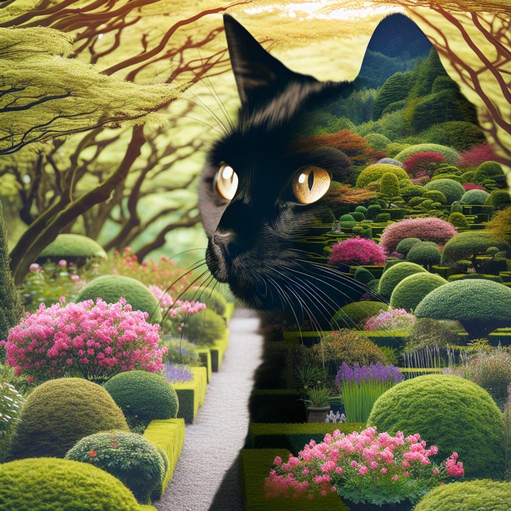 Majestic Black Cat in a Tranquil Garden