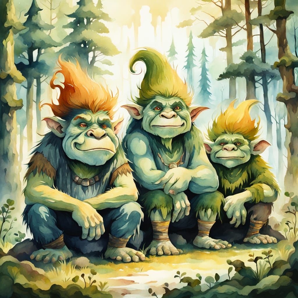 Whimsical Troll Family Portrait in Watercolor