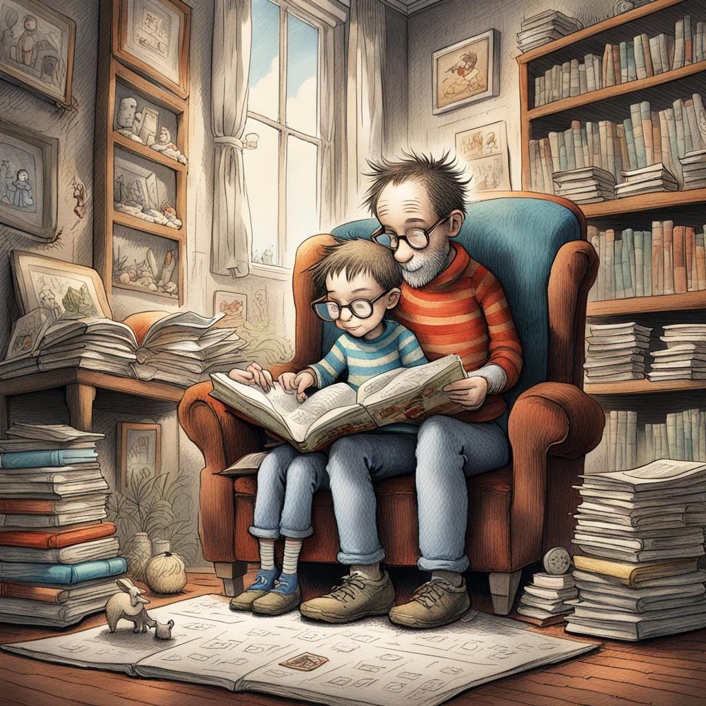 Storybook Scene: Boy Reading with Mother