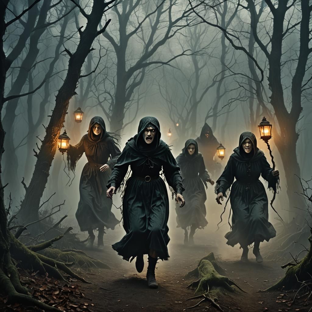 Eerie Hags Chase People in Misty Forest