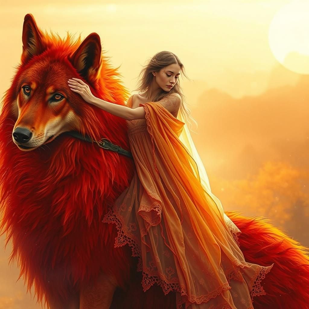 Ethereal Woman Riding a Crimson Wolf in Dreamy Forest