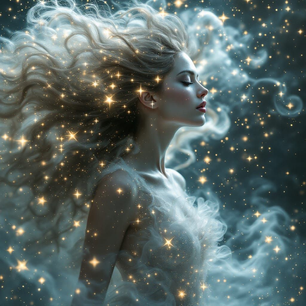 Ethereal Woman in Cosmic Star Gown, Boris Vallejo Style