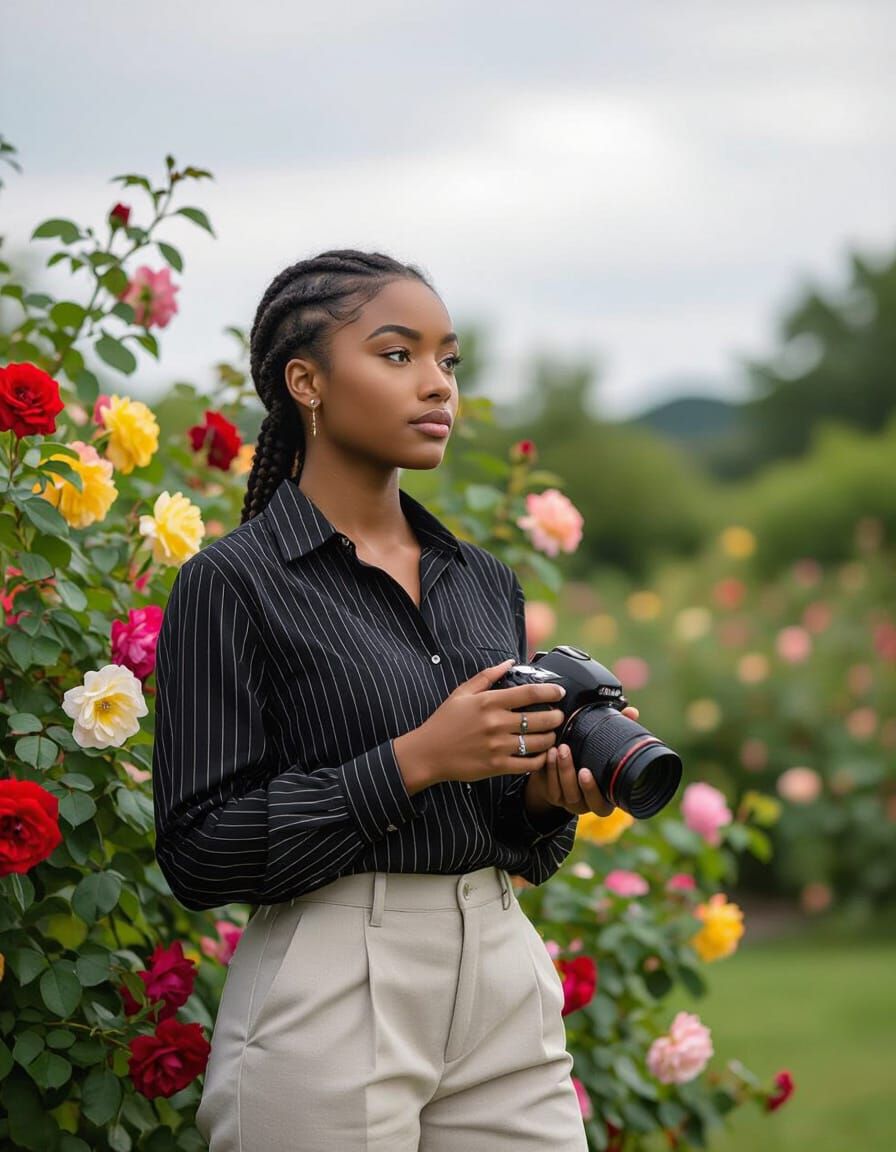 Serene Portrait of a Young Woman with Roses and Camera
