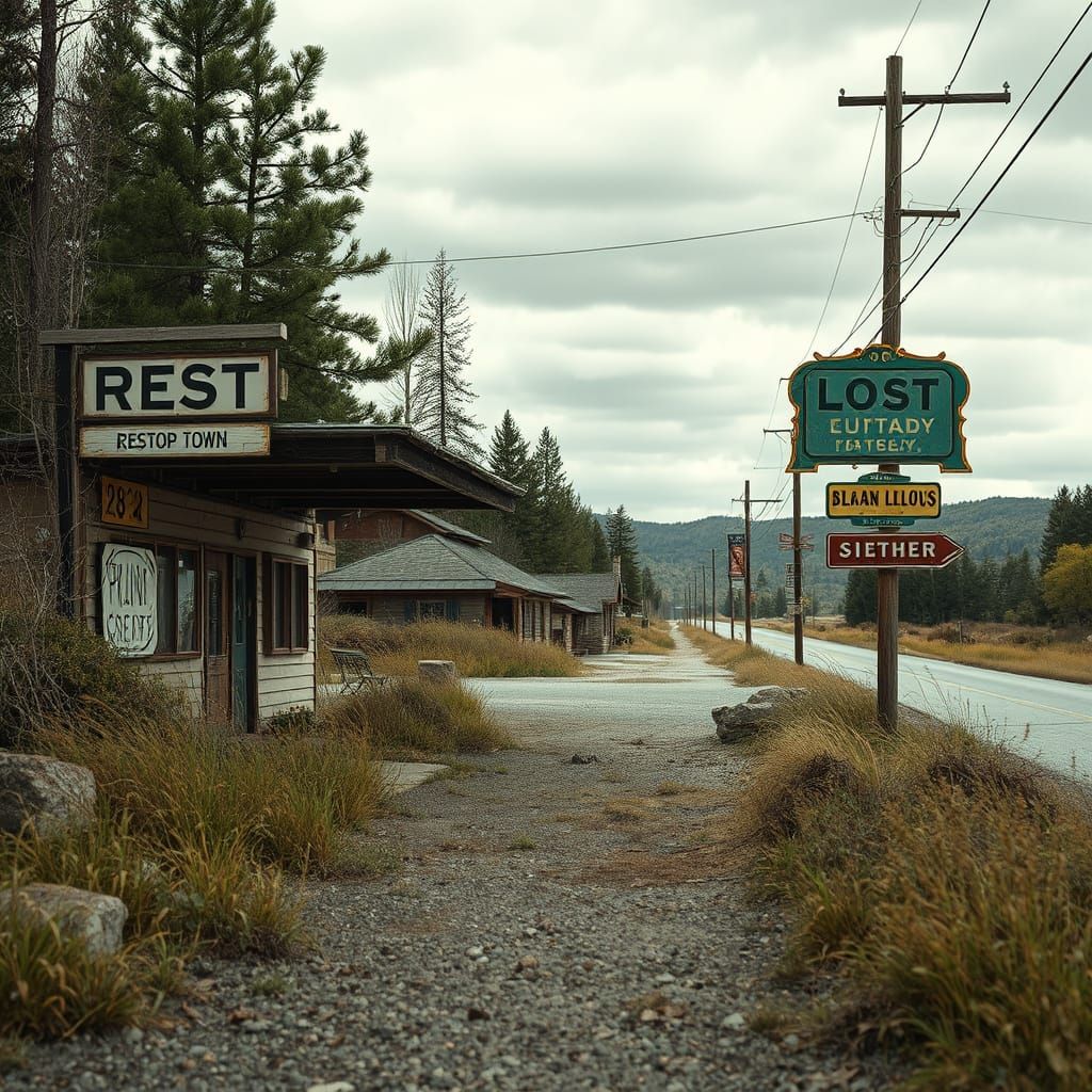 Melancholic Deserted Rest Stop Town in Rustic Style