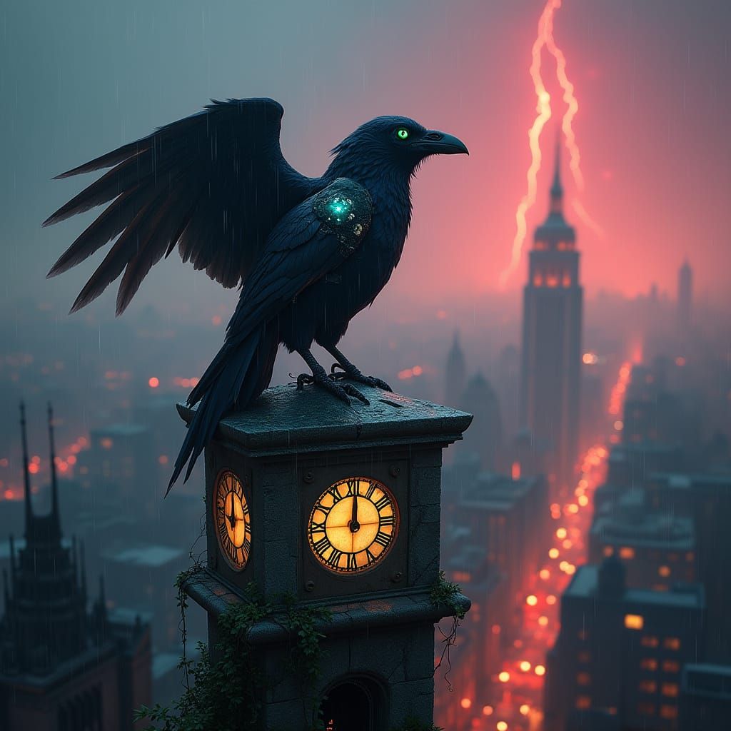 Cyberpunk Gothic Raven Reigns over a Ruined Clock Tower