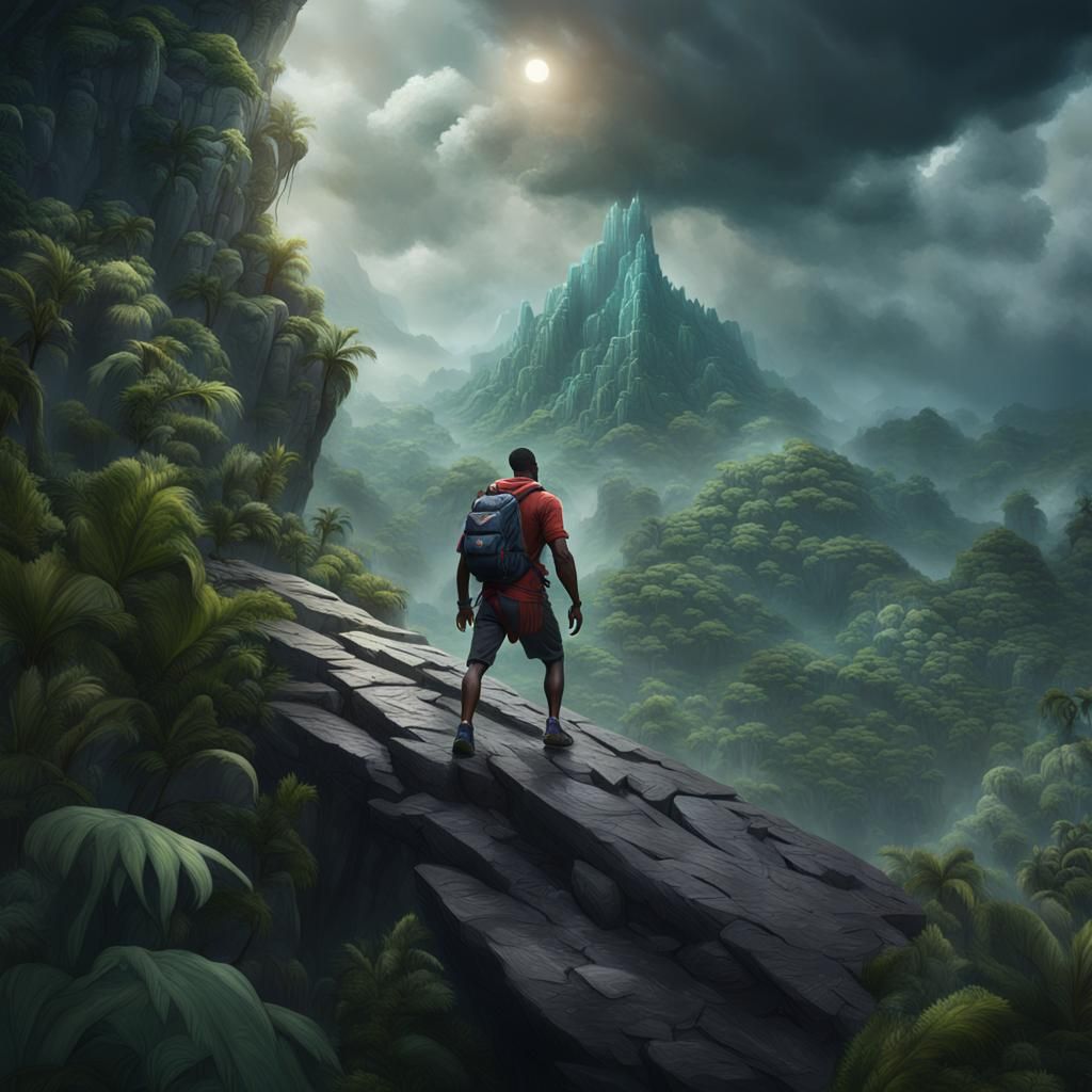 Ebony Man Climbs Jungle Mountain: Fantasy Concept Art