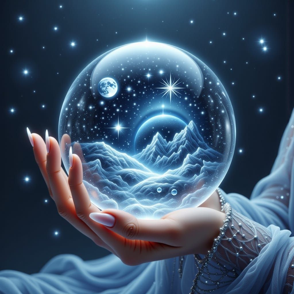 Woman's Hand Holding Cosmic Crystal Orb in Winter Glow
