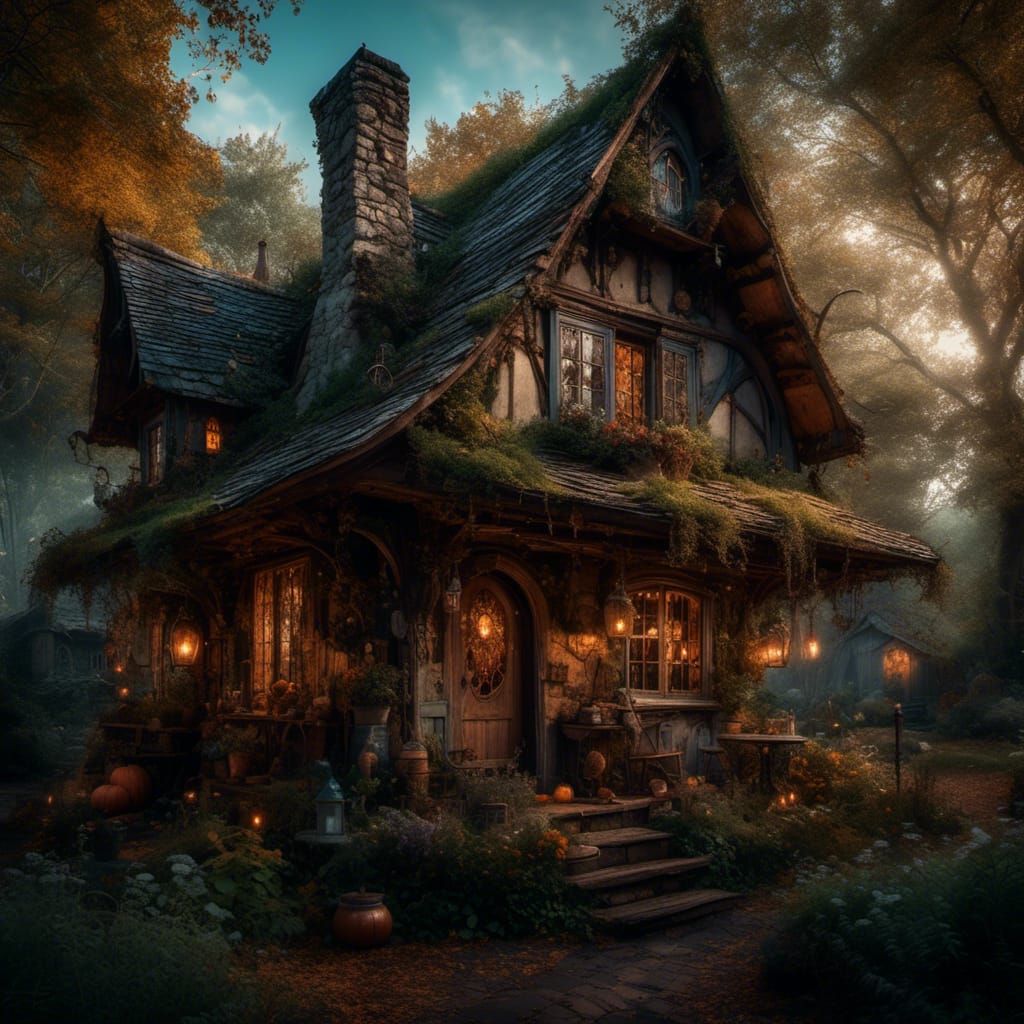 Cozy Witch's Cottage in Woods, Detailed Masterpiece