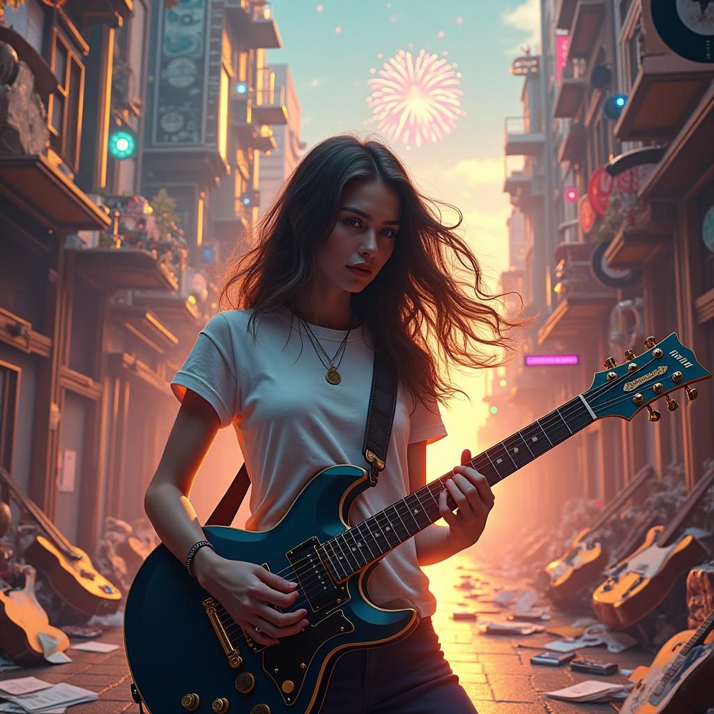 Musical Dreamscape: Woman Guitarist in Matte Painting Style