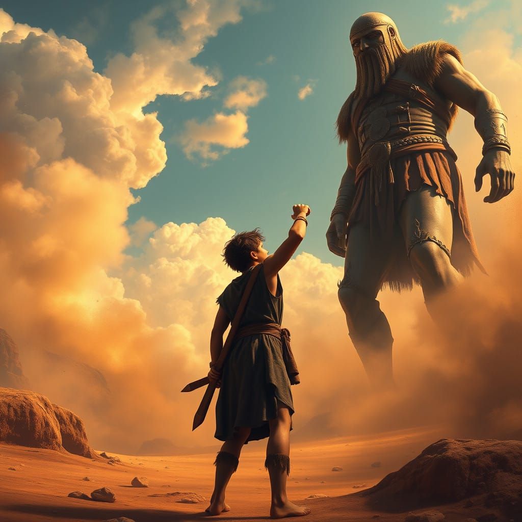 Young David Battles Goliath in a Dusty, Sun-Scorched Landsca...