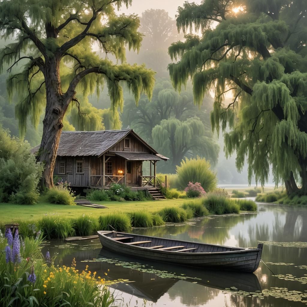 Misty Valley Cabin at Dawn, Matte Painting Style