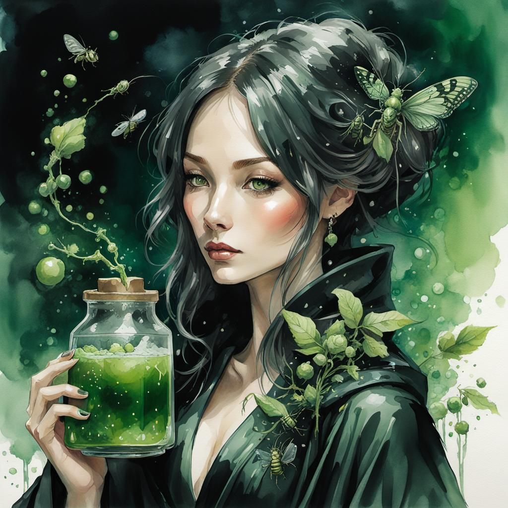 Fantasy Girl Brews Poison Potion: Ink and Wash Sketch