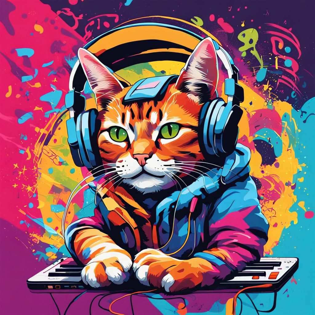 Graffiti Cat Listening to Music on Player