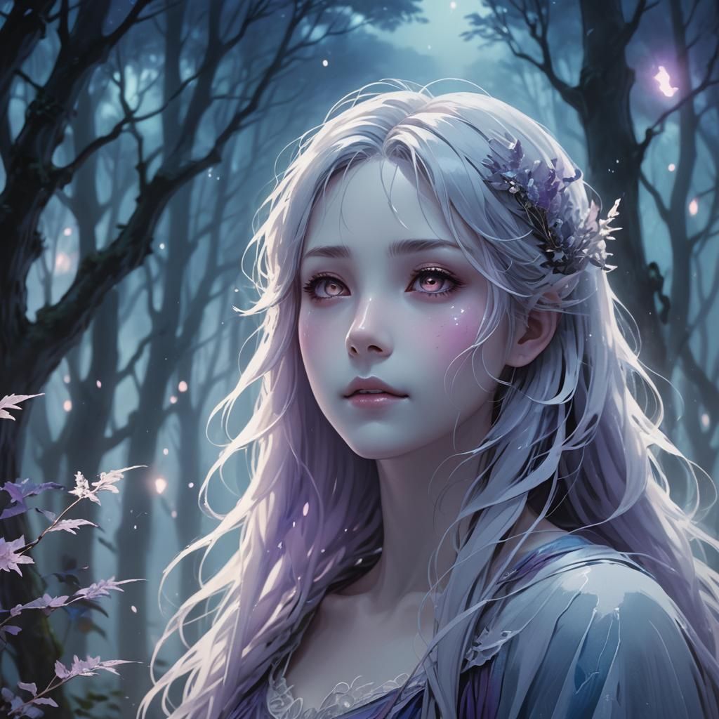 Ethereal Anime Ghost Appreciates Moonlight Forest