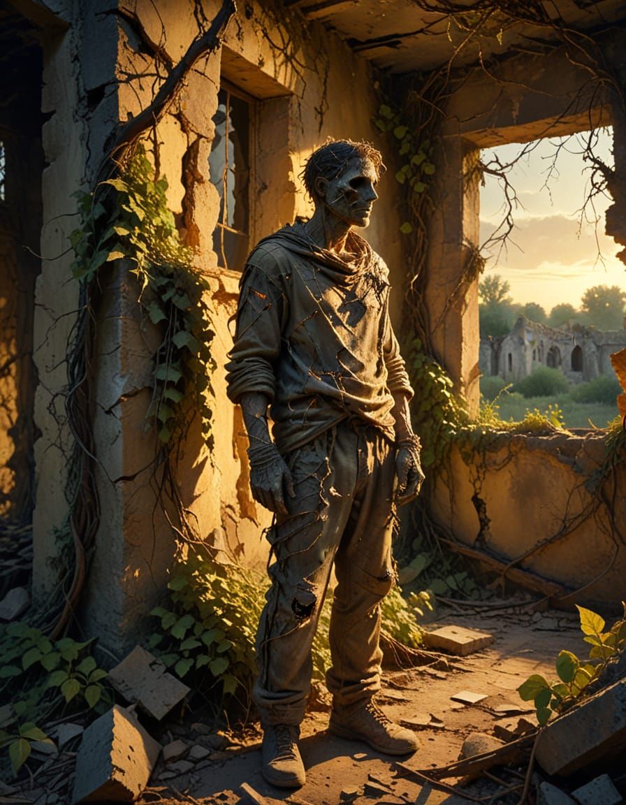 Eerie Figure in Abandoned Ruins, Oil Painting