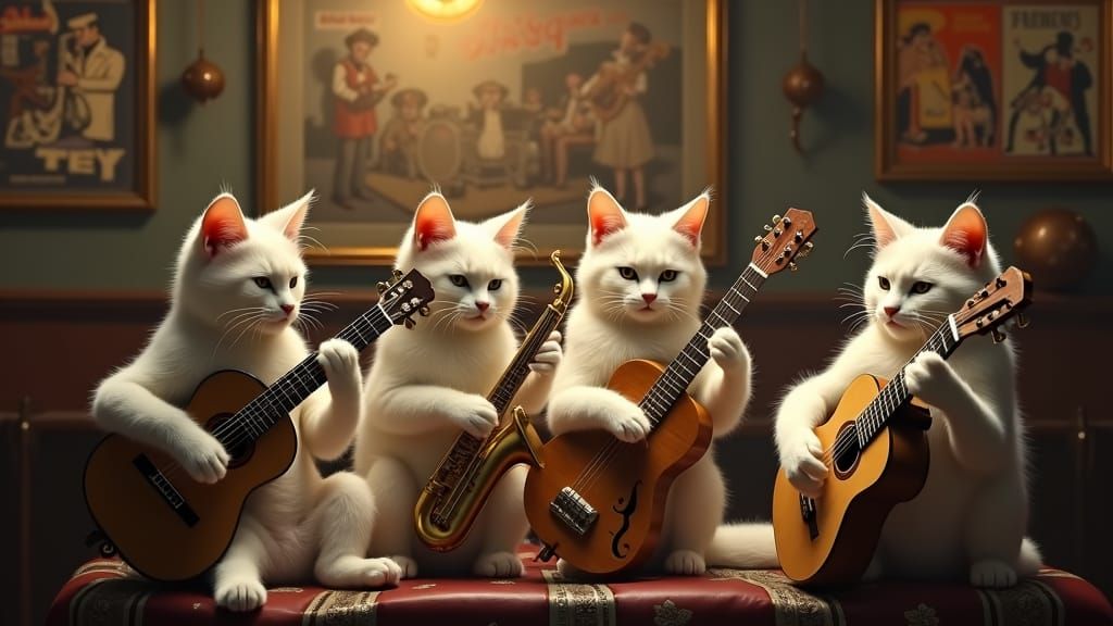 Whimsical White Cats Play Jazz in a 1940s Club