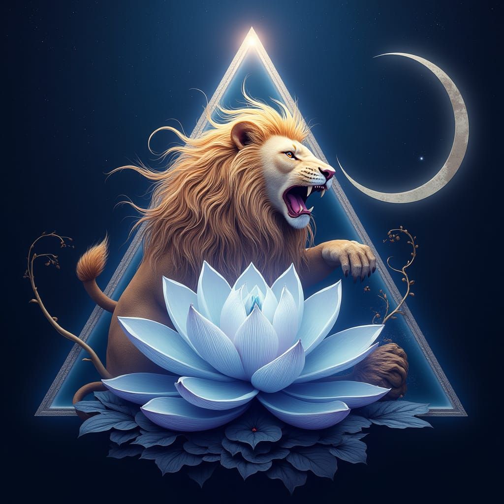 Majestic Lion and Lotus Flower in Celestial Harmony