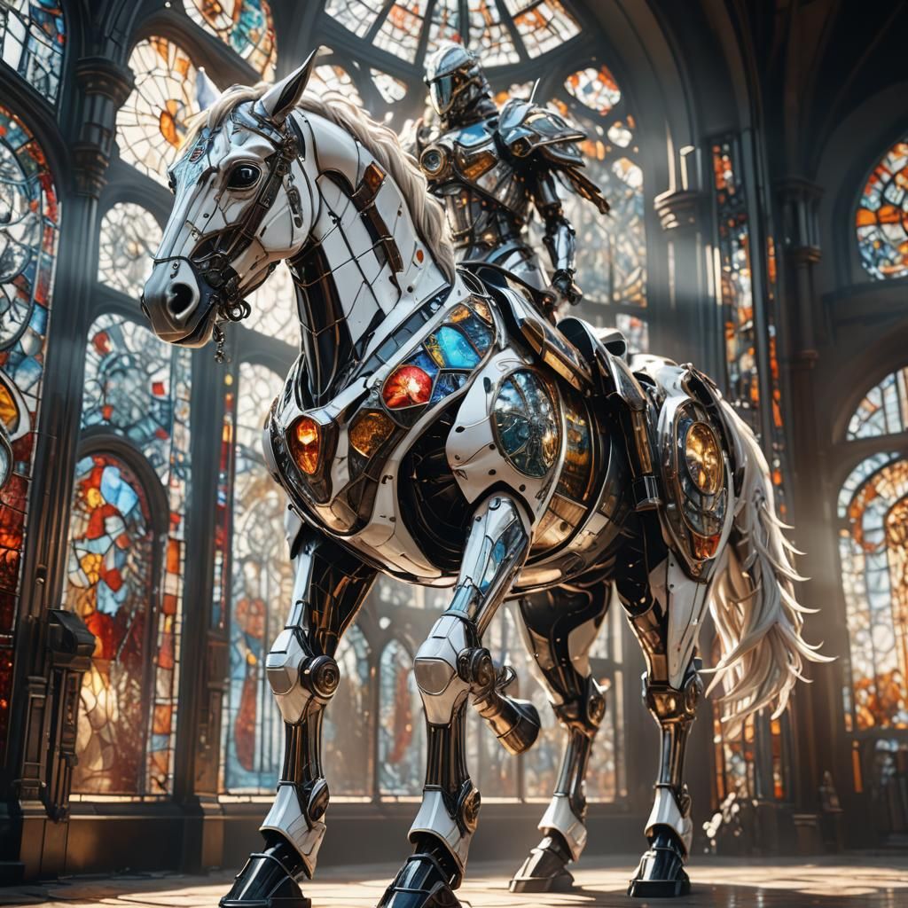 Biomechanical Horse in Fiery Stained Glass Armor