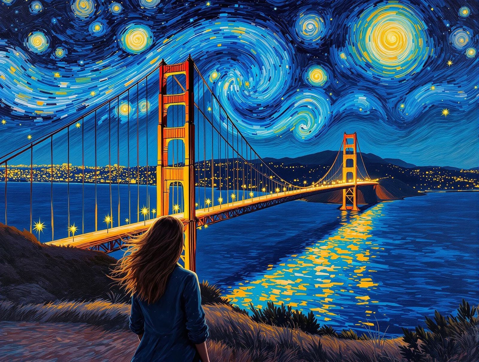 Golden Gate Bridge at Night in Post-Impressionist Style
