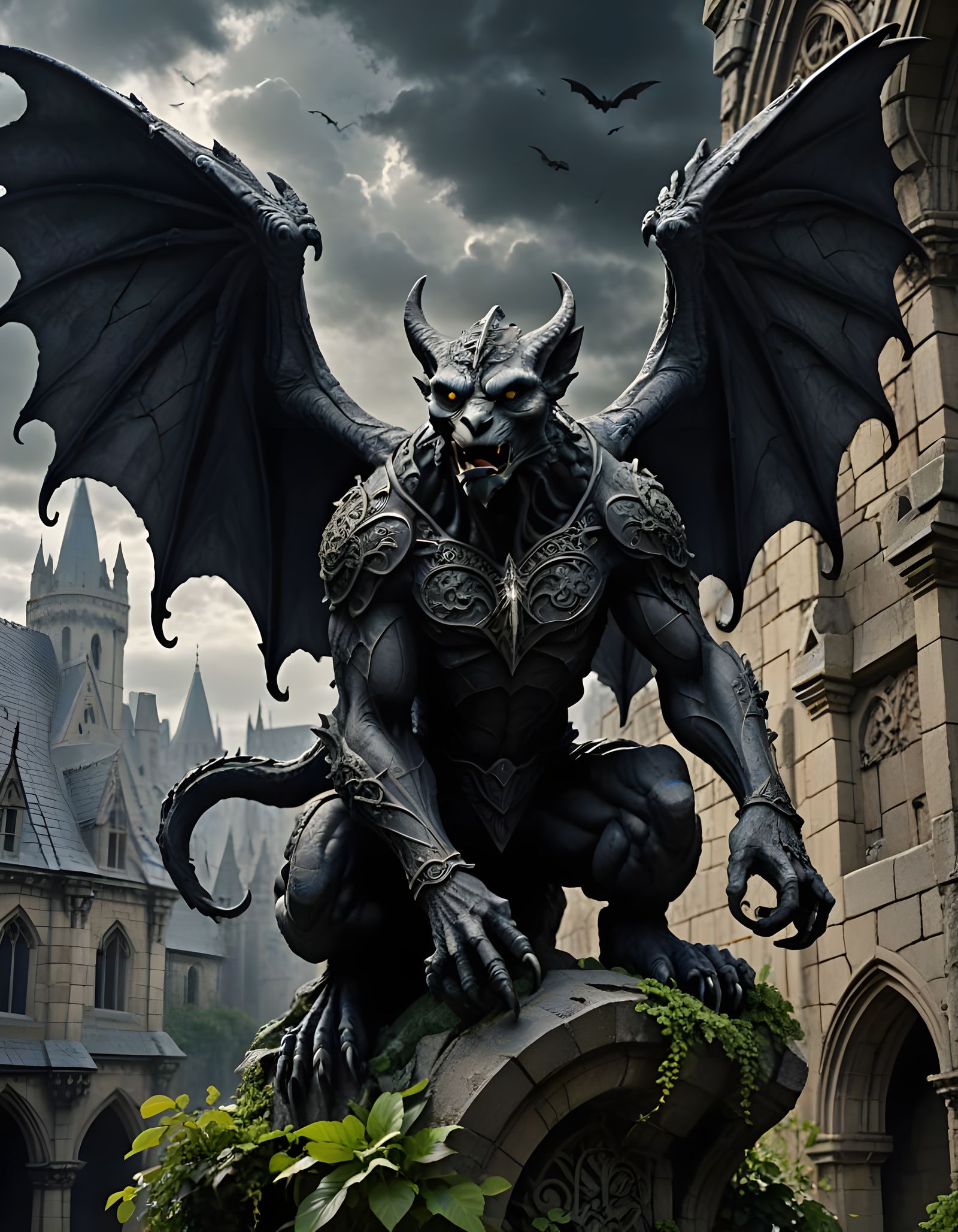 Powerful Fantasy Gargoyle Radiates Magic in Dark, Gothic Lan...