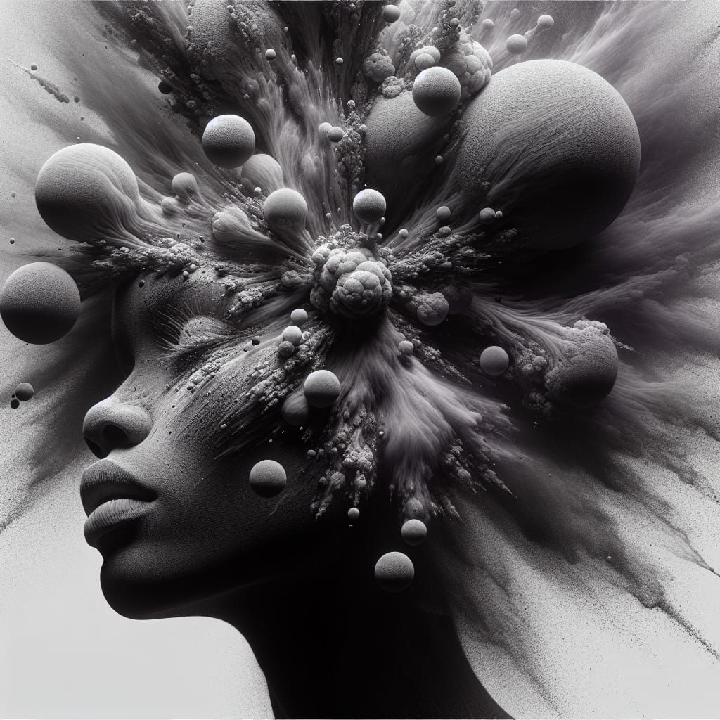 Surreal Charcoal Portrait: Woman Merging with Purple Orbs