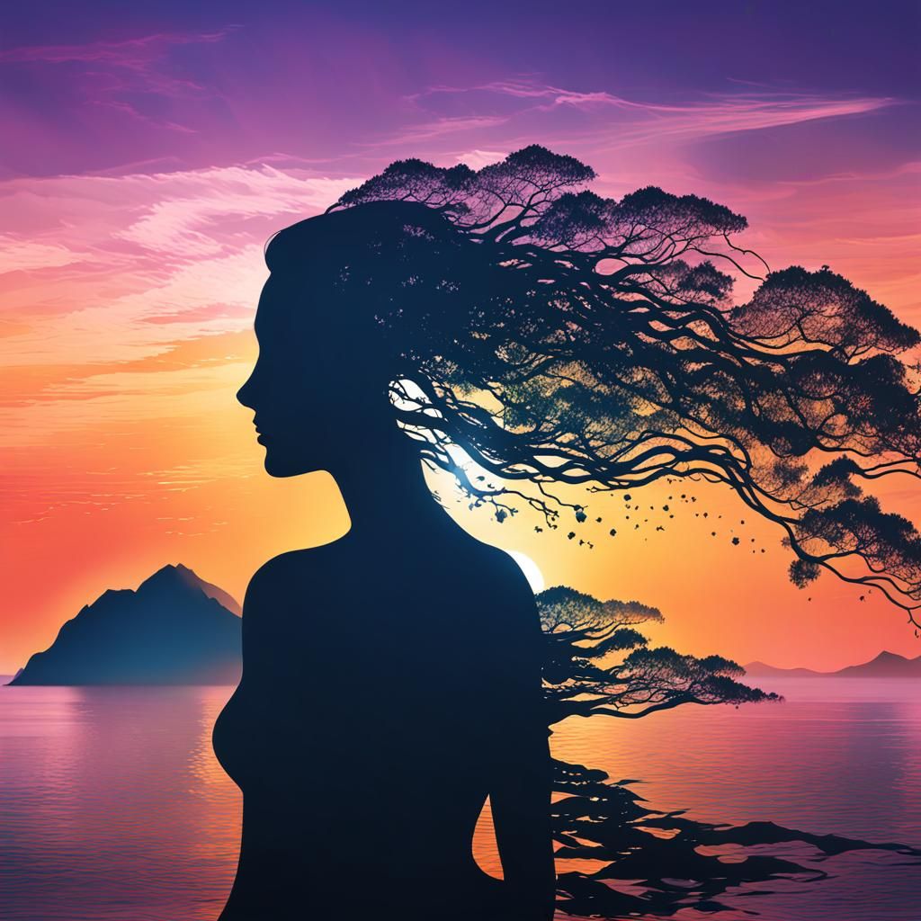 Goddess Silhouette Double Exposure on Sunset Coast