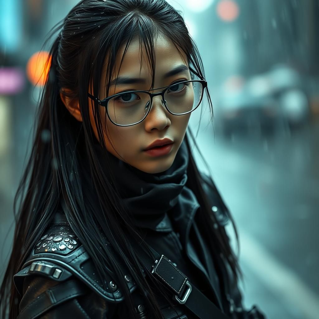 Cyberpunk Ninja Girl Walking in Rain