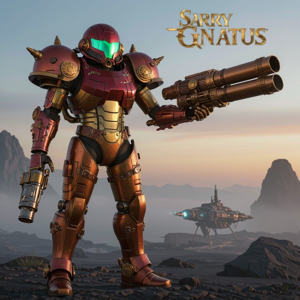 Steampunk Samus Aran Power Suit and Spaceship on Alien Terra...