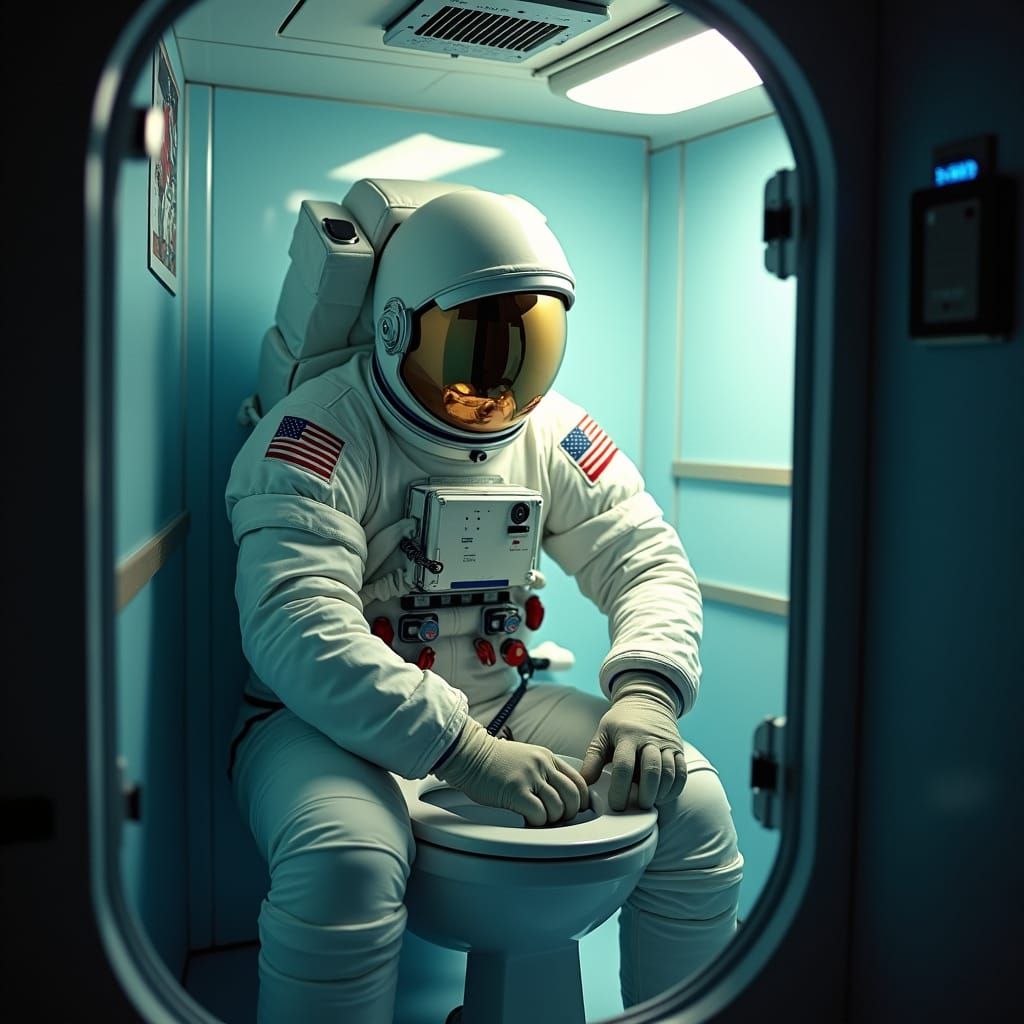 Astronaut Cleaning Toilet on ISS: Cinematic Still