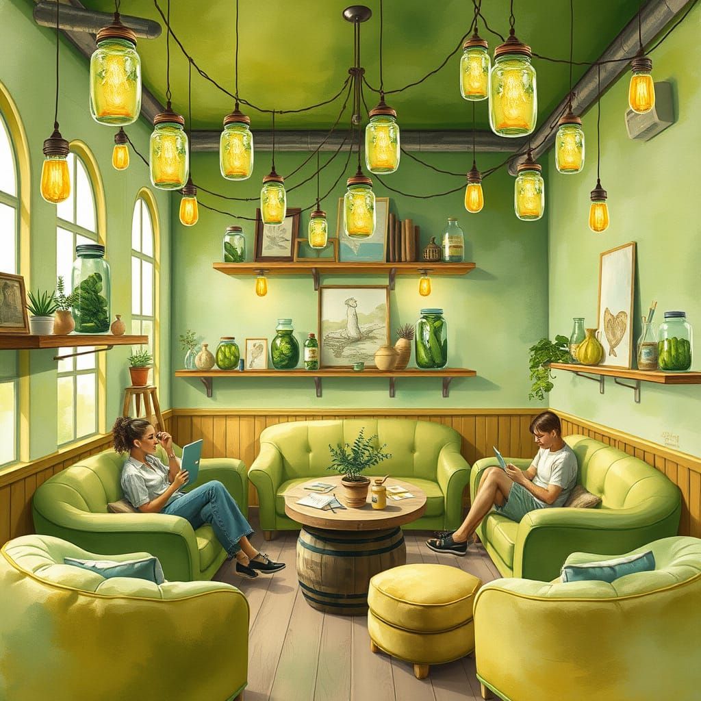 Pickle-Themed Artist Parlor in Watercolor Style