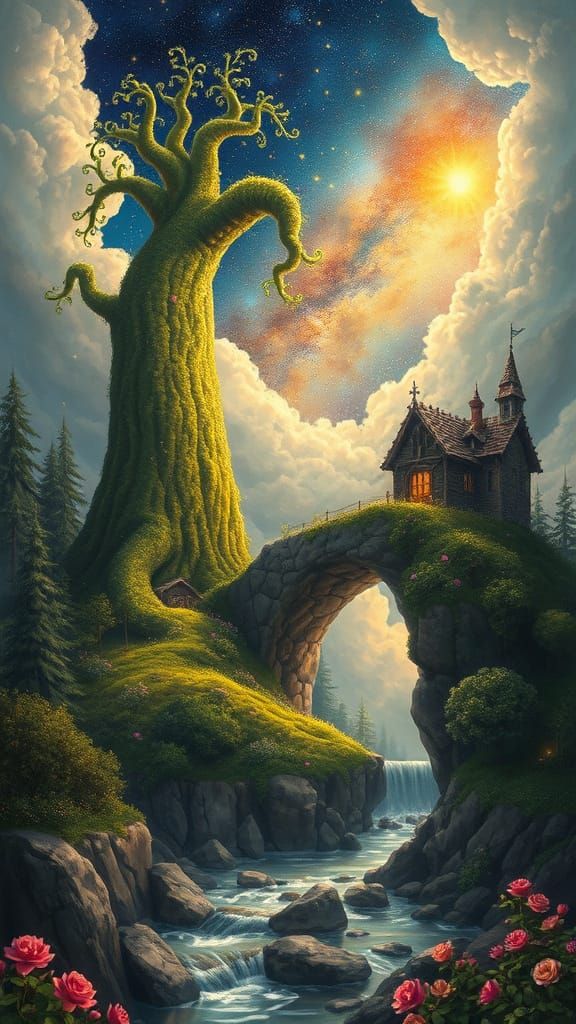 Medieval House Among Clouds in a Fantastical Landscape