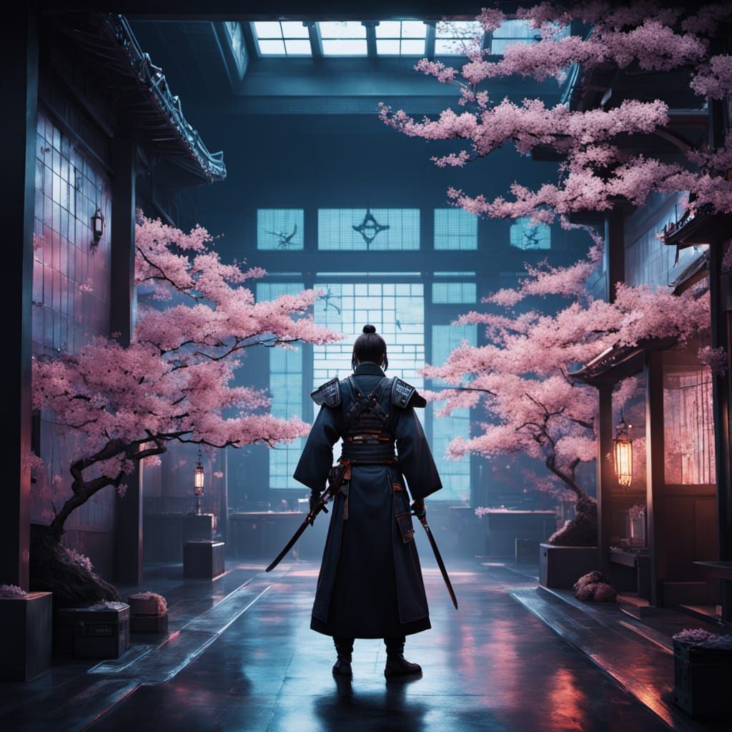 Cyberpunk Samurai in Futuristic Dojo with Neon Armor