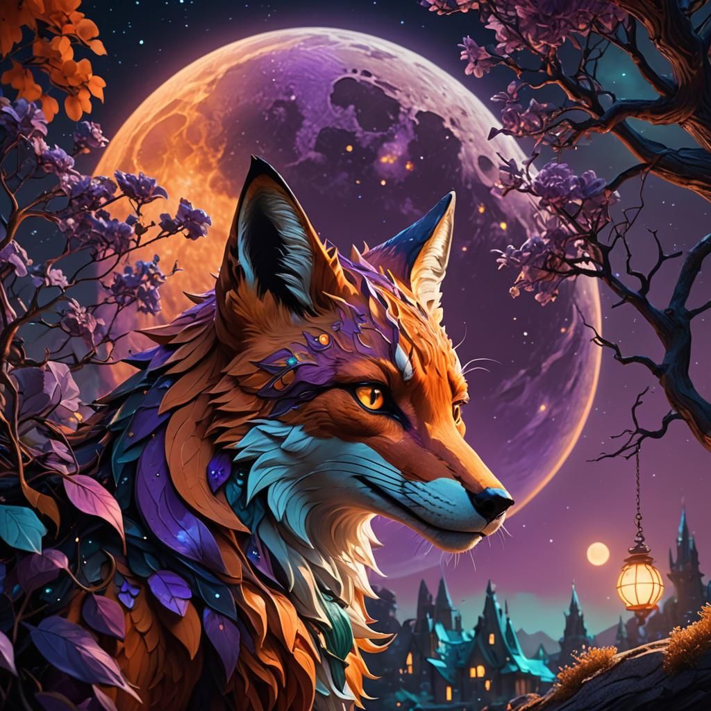 Fox Dragon Gazing at Purple Moon Fantasy Art