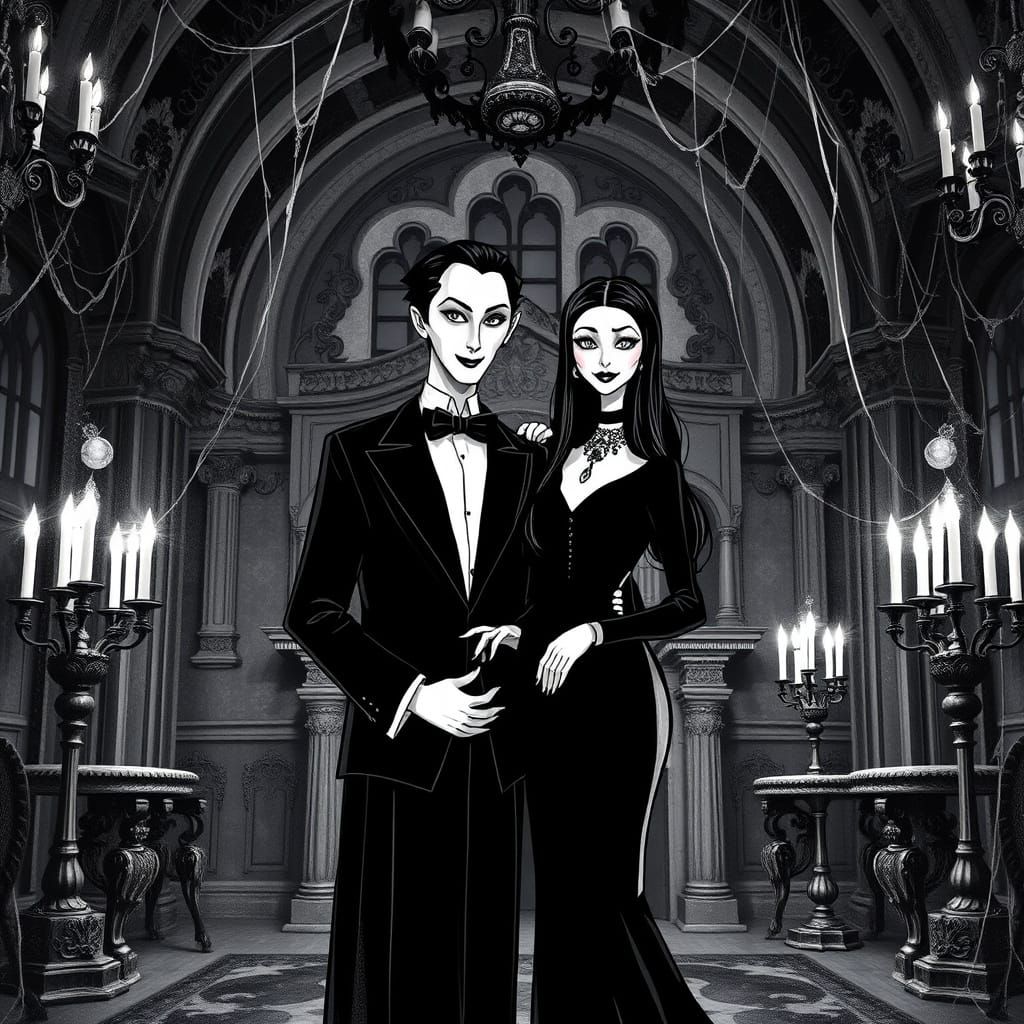 Gomez & Morticia Addams in Gothic Mansion Film Noir Style