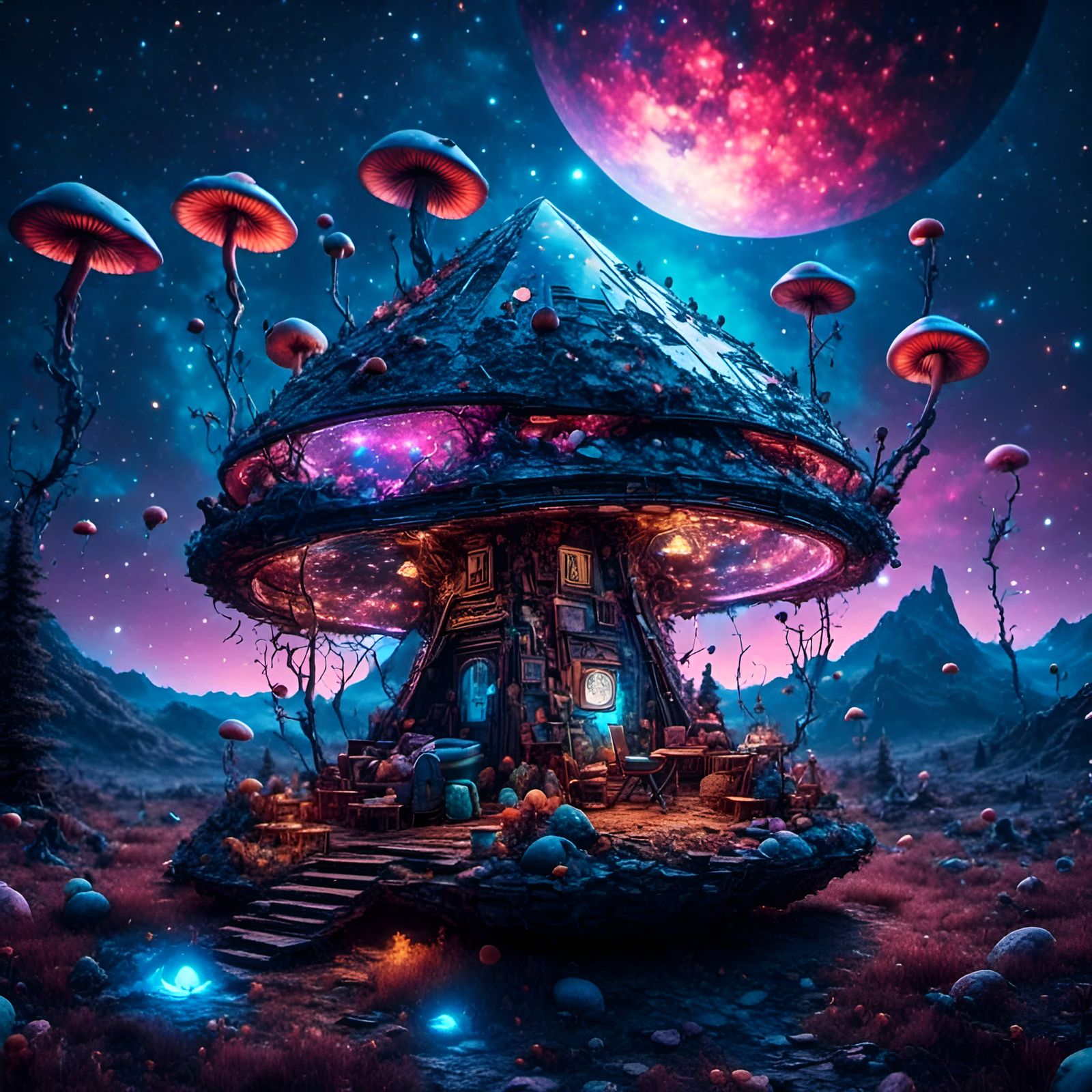 Cosmic Mushroom Junkyard UFO Illustration