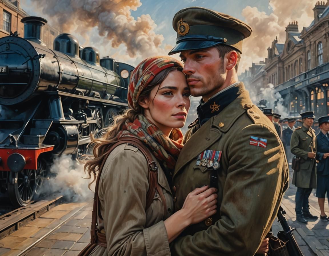 Farewell Embrace at Waterloo Station: Hyperrealistic Paintin...