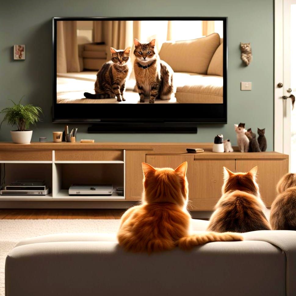 Feline Family Enjoys TV Night in Photorealistic Detail