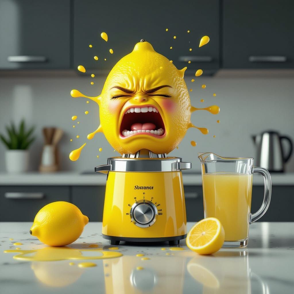 Agonized Lemon in Juicer, Vibrant Digital Art Style