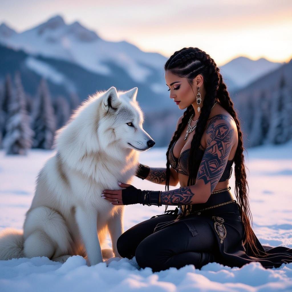 Regal Warrior Woman with Wolf Companion at Dusk
