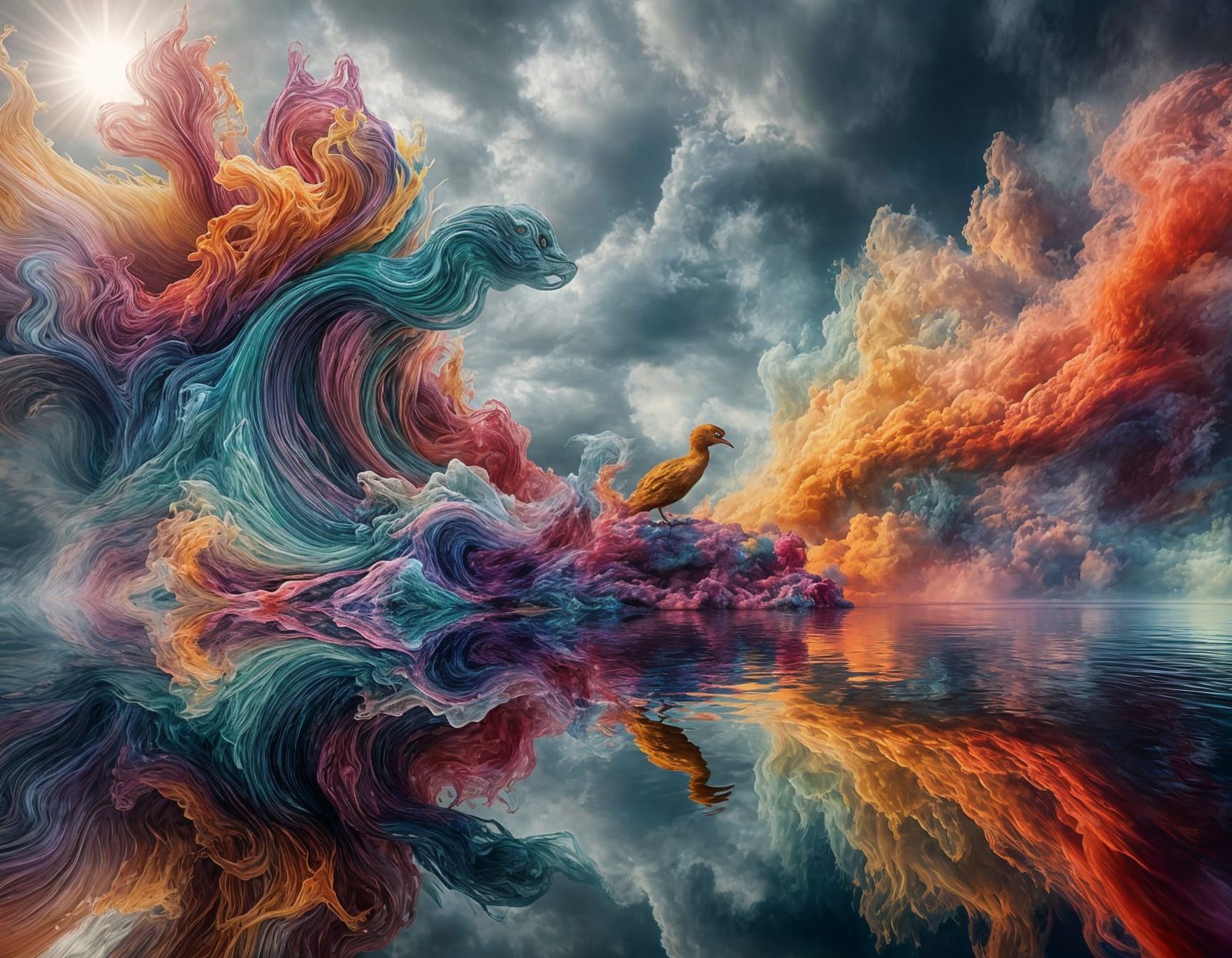 Dancing Bird Fluid Sculpture Under Rainbow Clouds