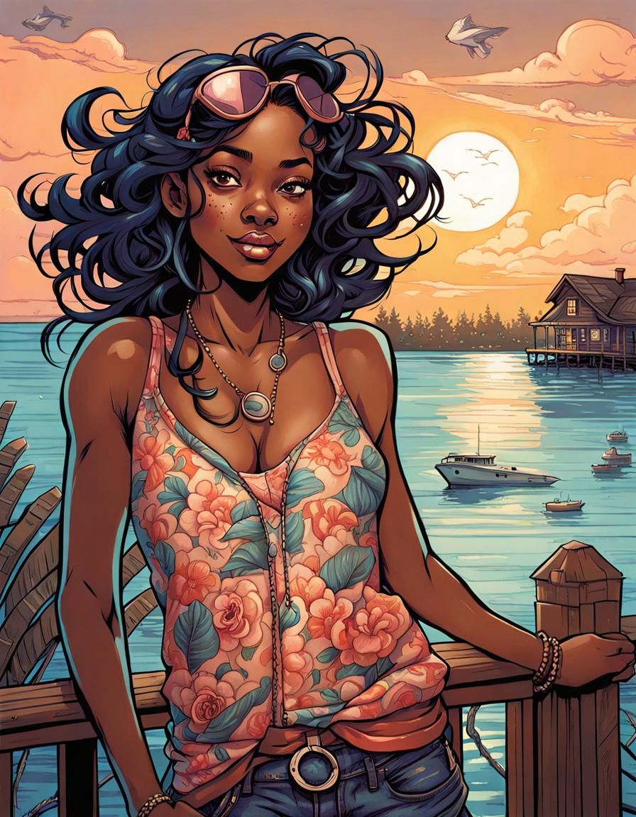 Quirky Woman on Lake House Patio, Detailed Line Art