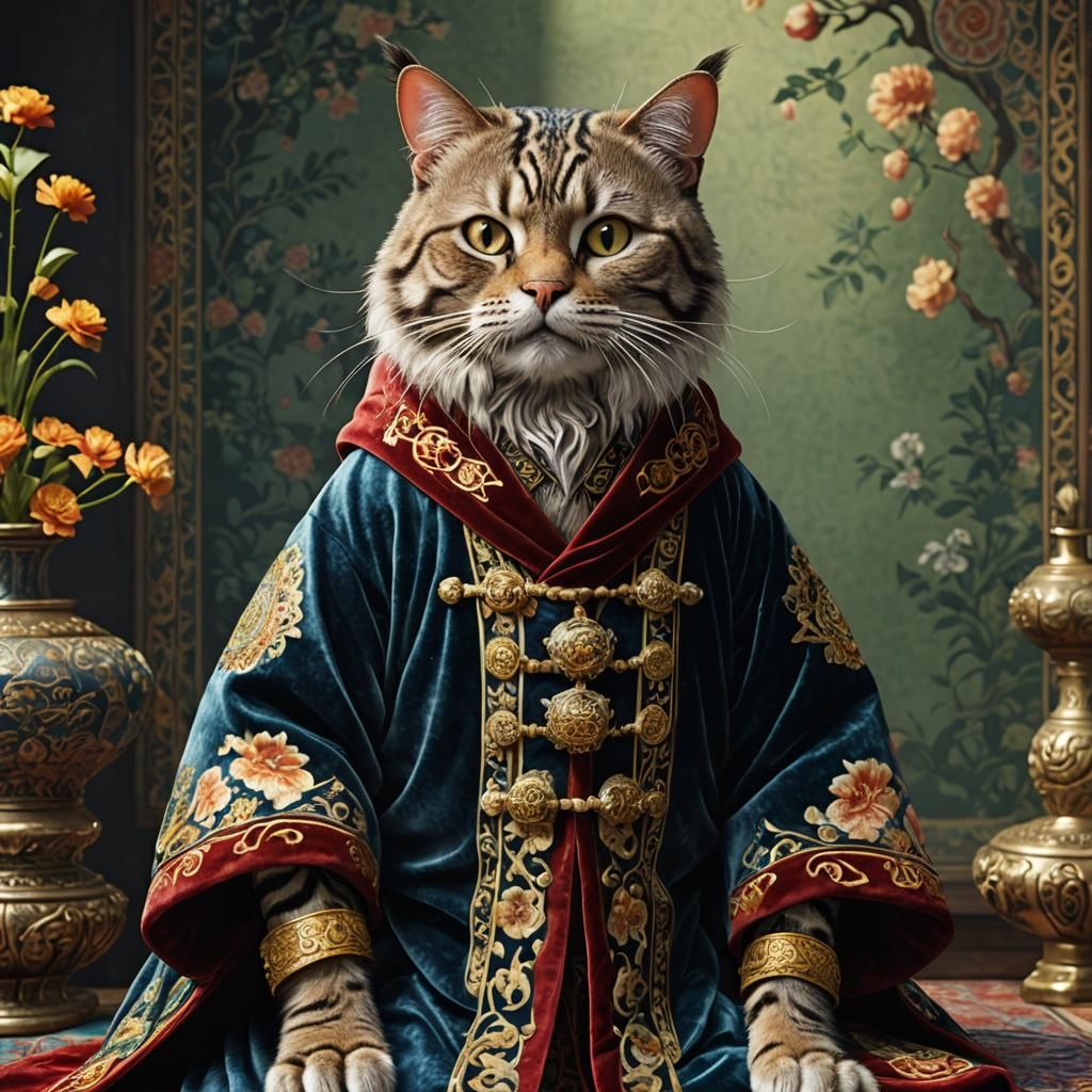 Anthropomorphic Bengal Cat in Ornate Robe, Detailed Render