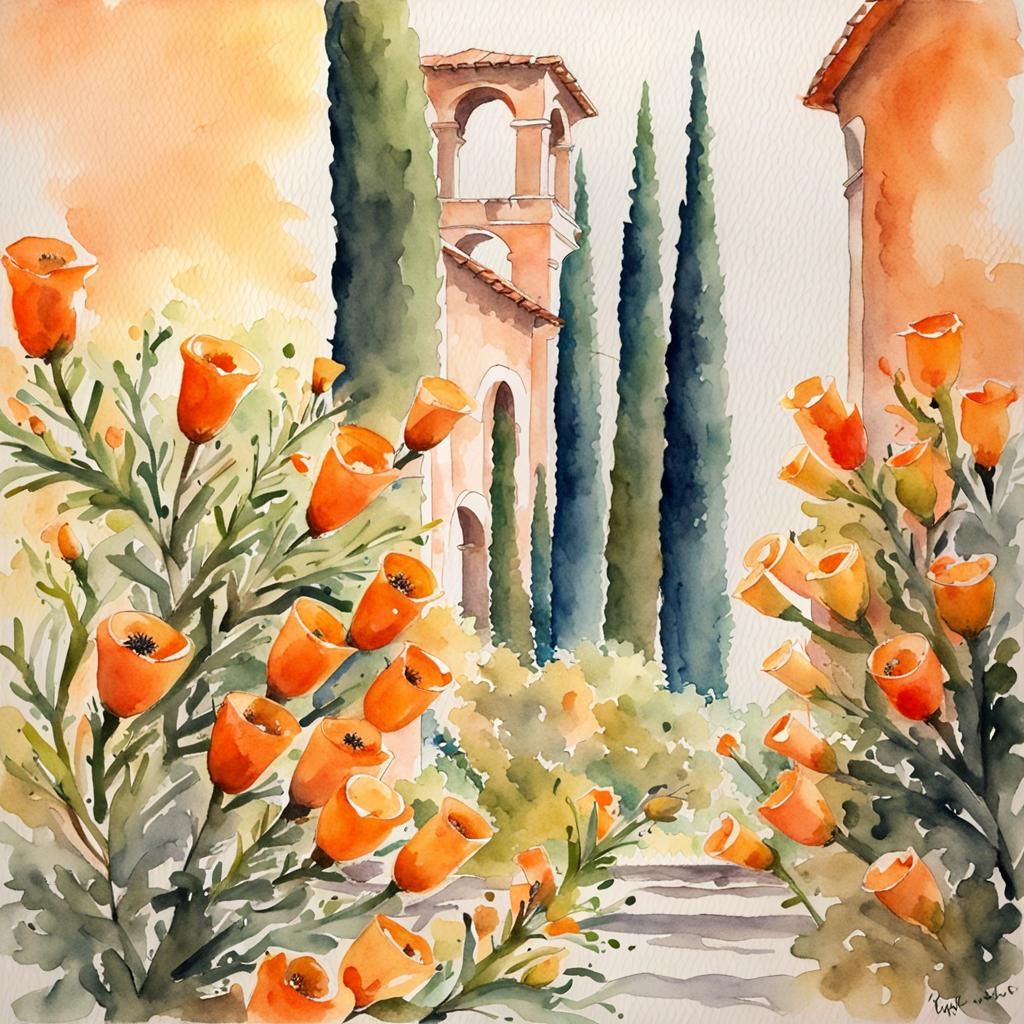 Watercolor Painting of Rome Colosseum with Flowers