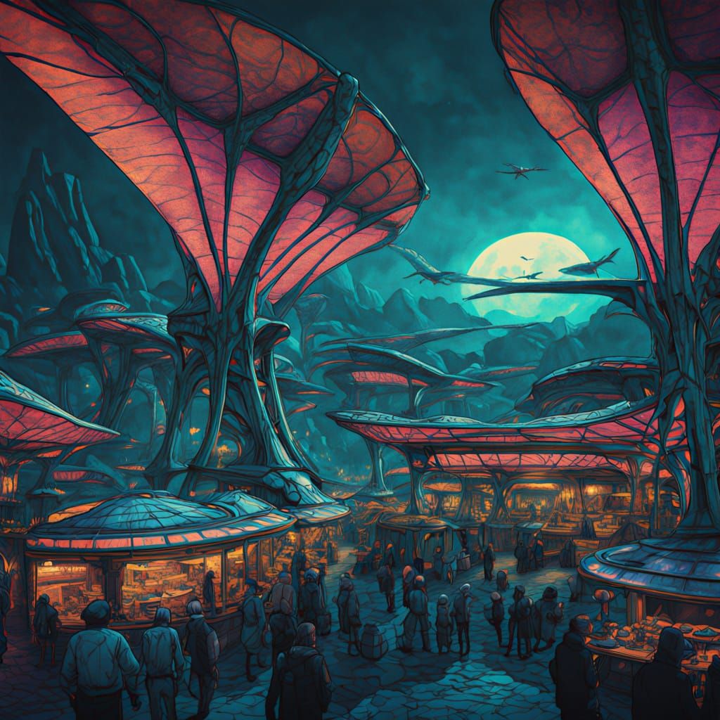 Iridescent Pterodactyl Over Alien Marketplace