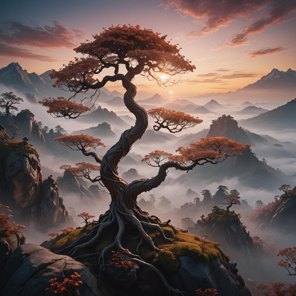 Glowing Bonsai Tree on Misty Peak