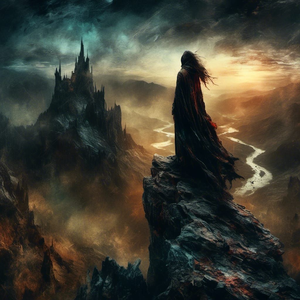 Mystical Dreamscape: Traveler in Shadowy Cloak