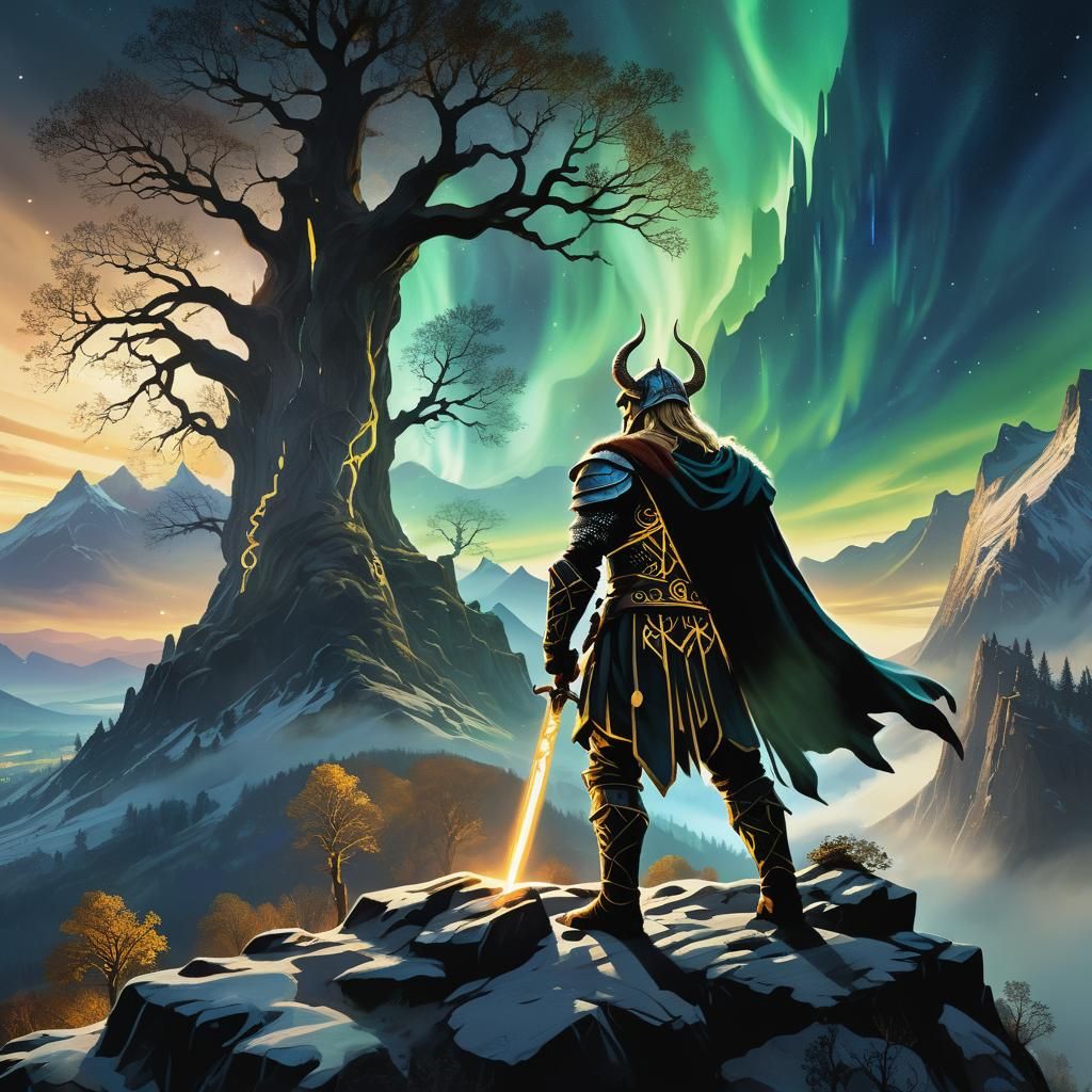 Norse Warrior Overlooks Mystical Aurora Landscape