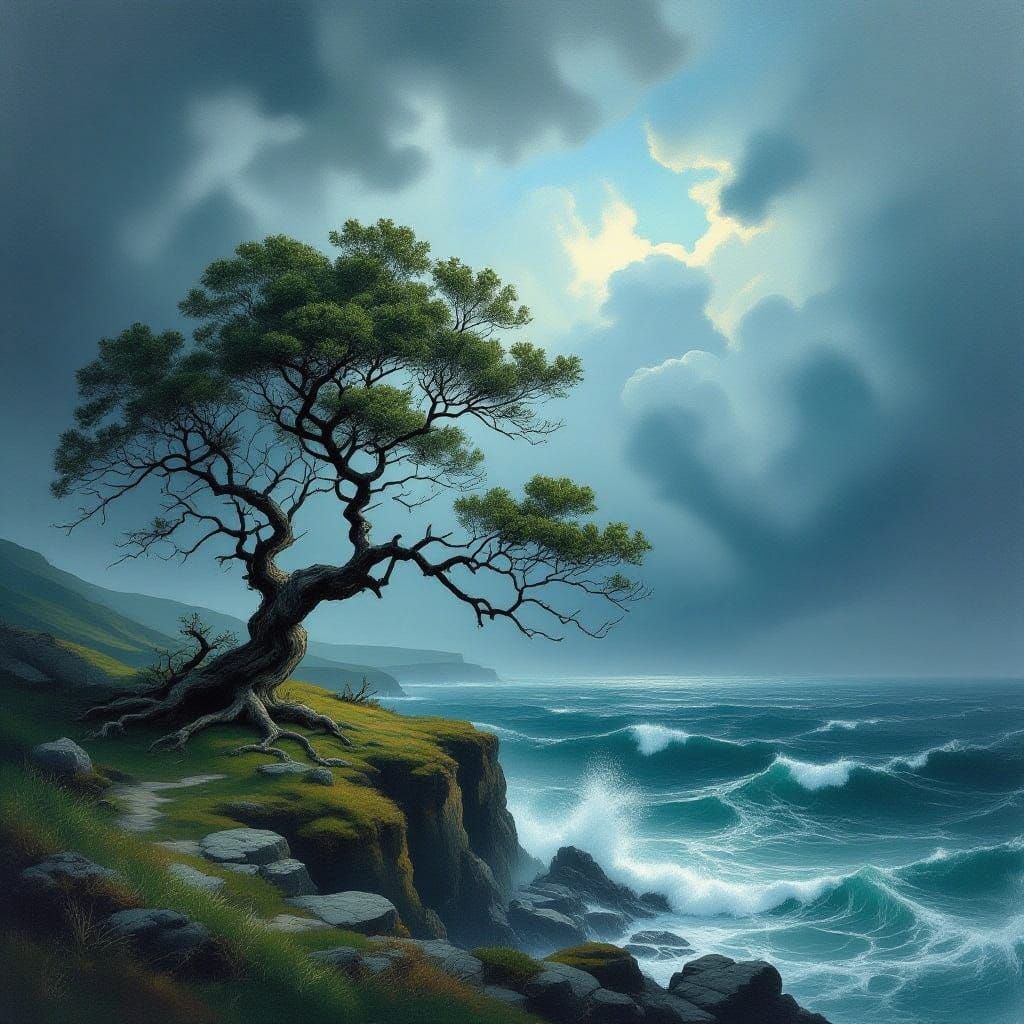 Ancient Tree on Cliff Overlooking Stormy Sea