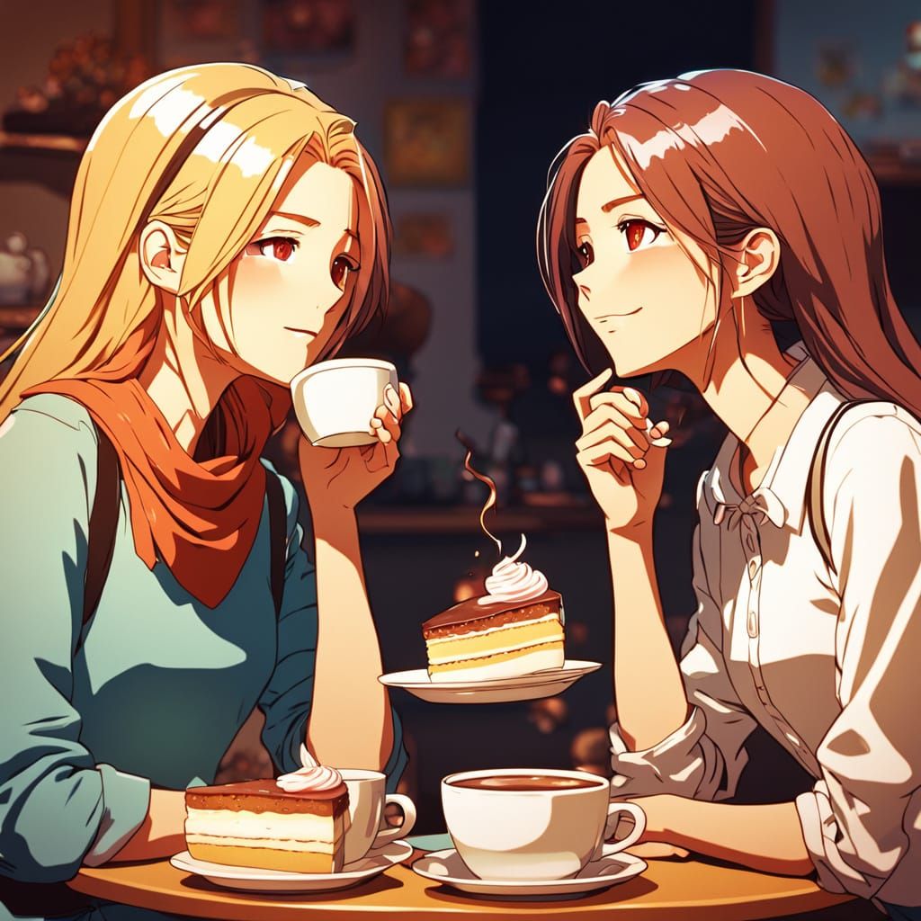 Female Friends Chatting Over Coffee in Manga Style