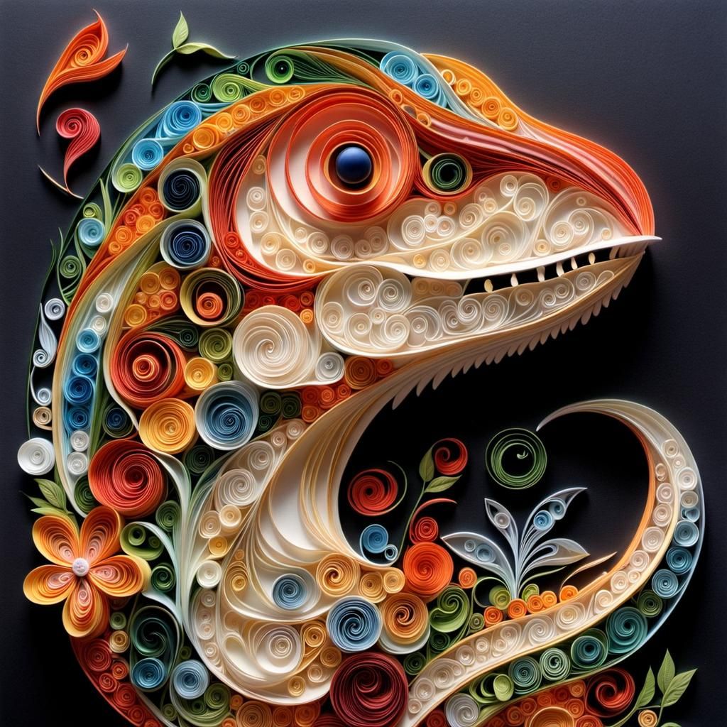 Chibi Quilled T-Rex Dances: Intricate Gouache Collage